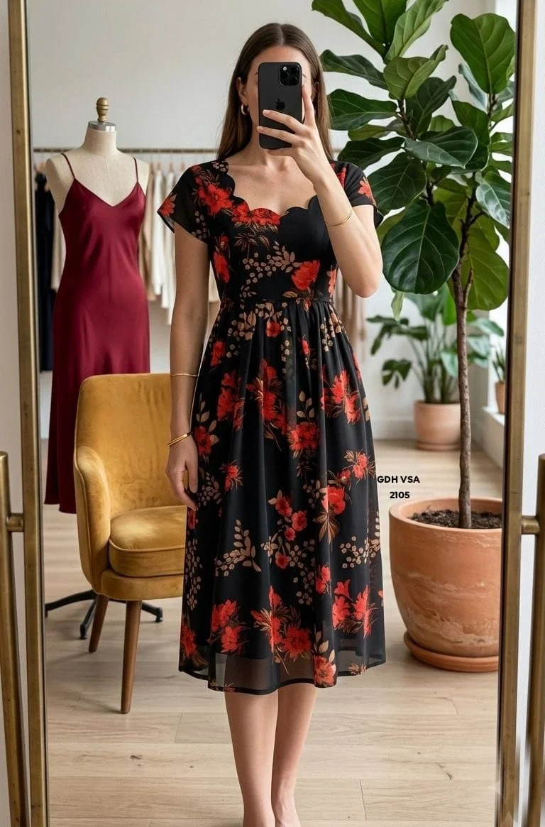 Floral Printed Maxi Dress Red & Black